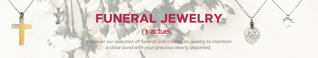 Personalized banner current service with funeral jewelry.